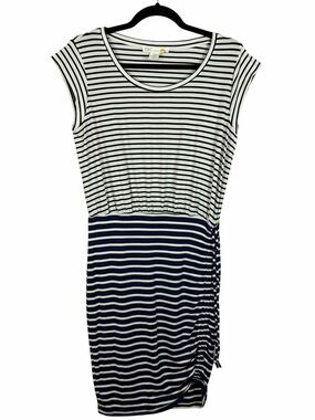 C&C California Striped Ruched Drawstring Dress Navy White Medium